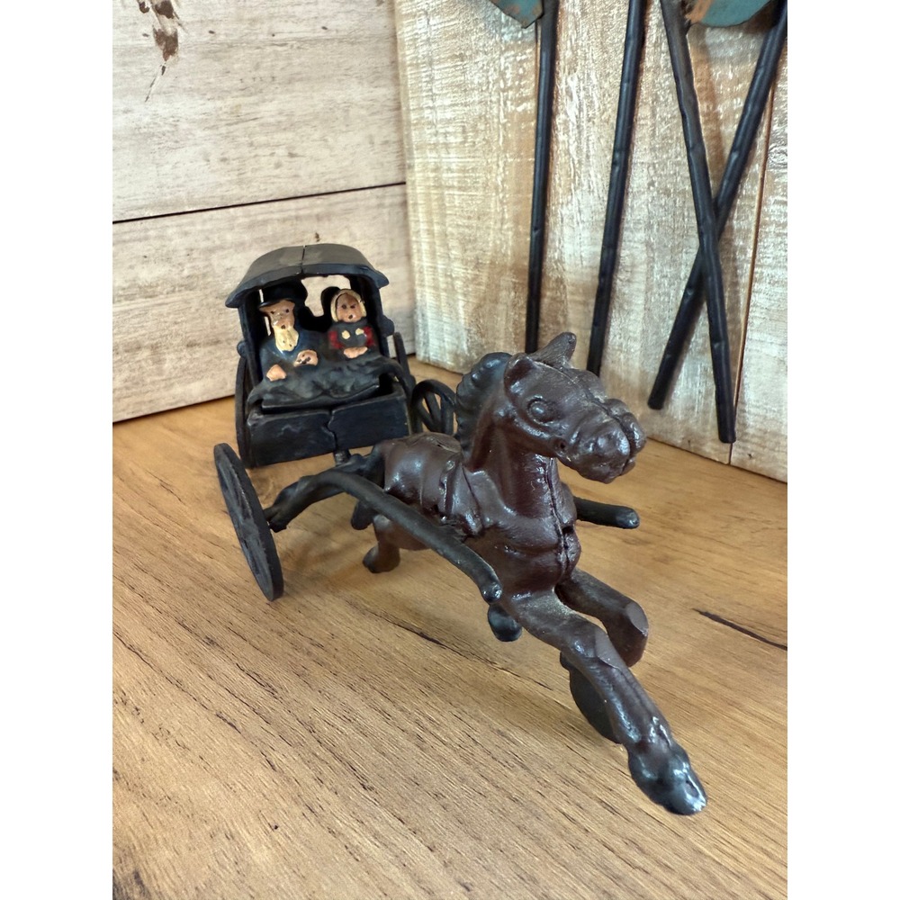 Vintage Cast Iron Amish Horse & Buggy Covered Wagon Trinket Box Folk Art Decor